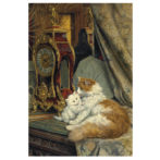 アンリエット・ロナー・ニップ作、置き時計と母猫と子猫のポストカード